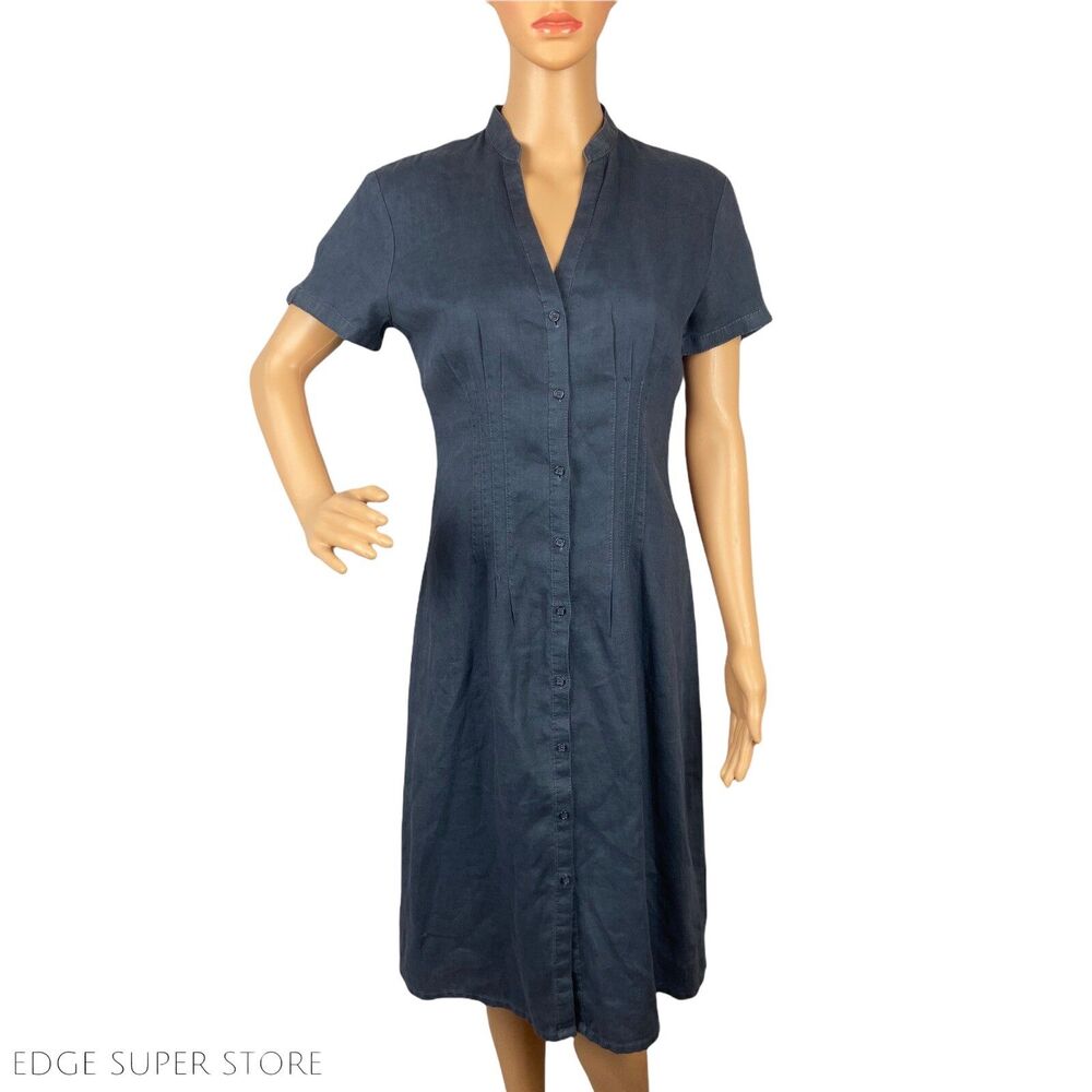 Marc O’Polo Dark Navy Blue Linen V Neck Button Down Short Sleeve Dress Size 34